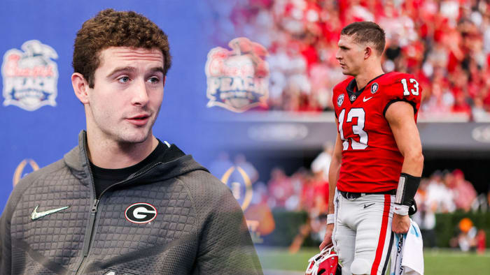 (Left) Stetson Bennett prior to the Peach Bowl. (Right) Bennett during the Tennessee game.
